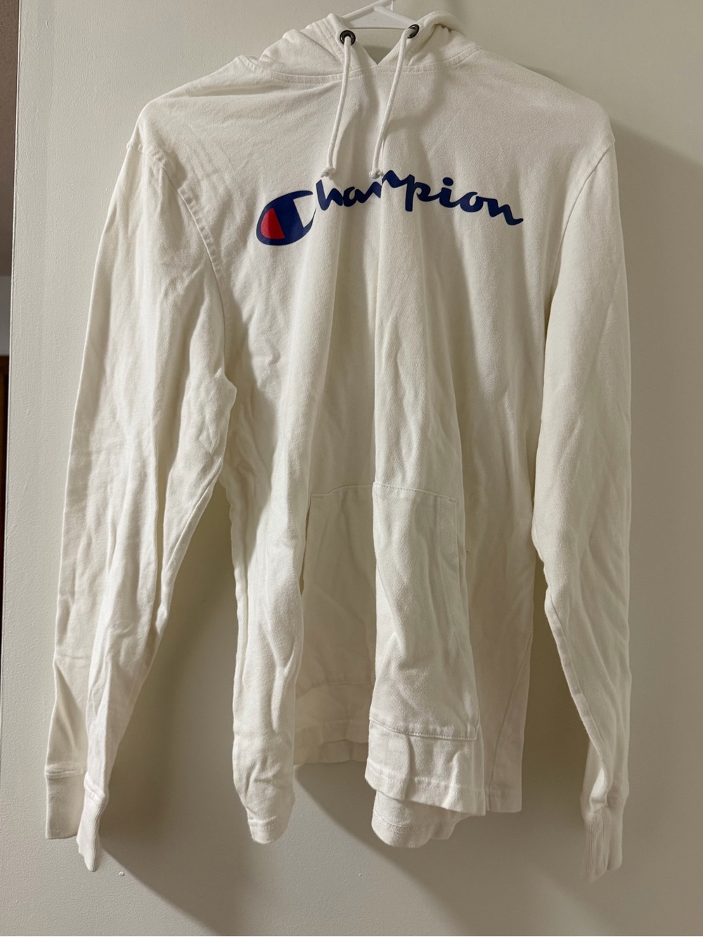 Champion Cream Crewneck Hoodie with Navy & Red Script Logo